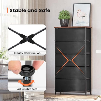 Tall Dresser, Wide Vertical Fabric Storage Tower, 5 Drawer (Rustic Brown) | Sturdy Steel Frame, Wood Top and Easy Pull Handle, Space-saving Organizer for Clothes, Bedroom, Hallway, Entryway, Closets - color: Rustic Brown, style: Wide