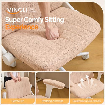 VINGLI Criss Cross Chair with Adjustable Flip-Up Arms,Cross Legged Chair with Wheels,Extra Wide Office Chair,Desk Chair for Home Office,Vanity,Bedroom, Apartment,Starry Chenille,Pink - color: Pink