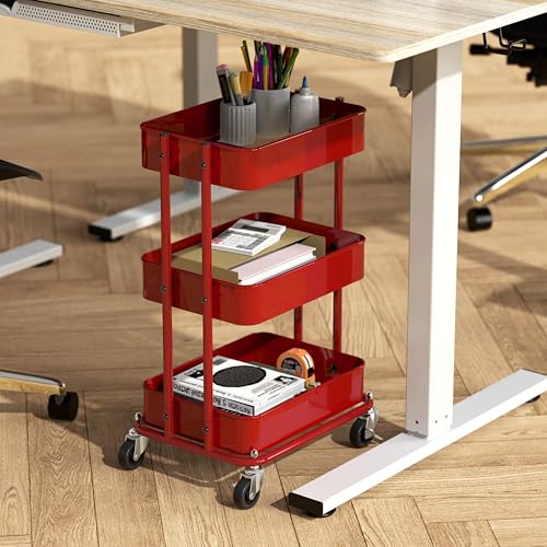 Simple Houseware 3-Tier Utility Cart, Low 24" Height Fits Under Desk, Red | Compact & Lower Height Great for Under-Desk Space-Saving Storage for Home Office, Dining Room, or Kitchen - color: Red