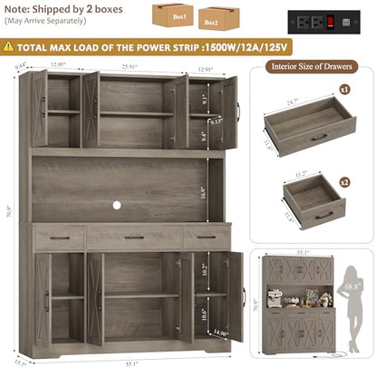 HOSTACK 71" Tall Kitchen Pantry Storage Cabinet, 55" W Kitchen Hutch, Grey | Large Pantry Cabinet with Charging Station / Countertop / 3 Drawers, Farmhouse Hutch Cabinet with Storage for Dining Room - color: Ash Grey
