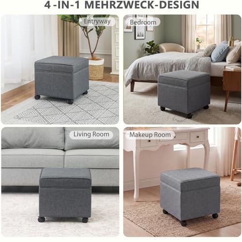 17" Square Storage Ottoman with Wheels, Upholstered Linen Movable Cube Footrest & Extra Seat with Flip Top for Living Room, Bedroom, Dark Grey - color: Dark Grey With Wheels