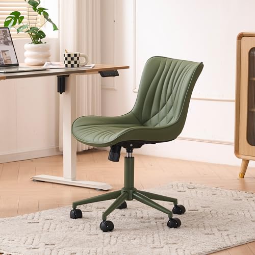 YOUTASTE Green Armless Office Chair, Modern Adjustable Swivel Desk Chair with Wheels, Upholstered PU Leather, Green Metal Legs, Back Support for Home Office, Study, Vanity, Bedroom - color: All Green