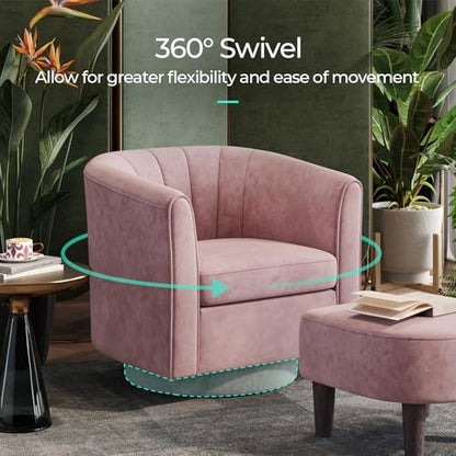 LINSY Swivel Accent Chair Ottoman Set: Velvet Small Barrel Chair with Foot Rest, Modern Reading Chair Upholstered Armchair with Footrest for Living Room Bedroom Study Room Office (Pink) - color: Pink, size: Small