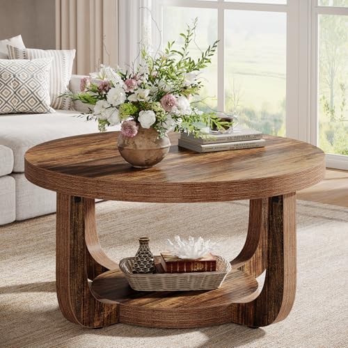 Tribesigns Round Coffee Table, 2-Tier Circle Coffee Table with Storage, Modern Wooden Accent Center Table for Living Room, Thick Tabletop & Base, Dark Brown - color: Brown