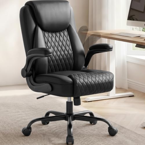 COMHOMA Mid-Back Office Chair, Ergonomic PU Desk Chair with Flip up Arms, Small Computer Gaming with Comfy Lumbar Support,Rocking Function,Sturdy Metal Base, Ink Black - color: Ink Black
