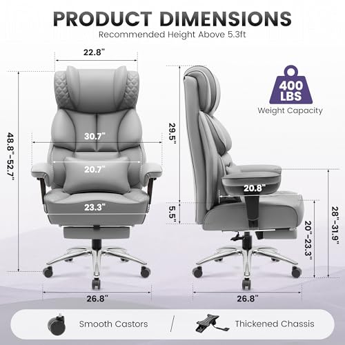 BestGlory Office Desk Chair, Big and Tall Leather Gaming Chair with Footrest, Wide Ergonomic Comfy Executive High-Back Reclining Computer Chairs, Swivel Rolling Wheels and Padded Lumbar Support, Gray - color: Grey, style: 3 Position Reclining