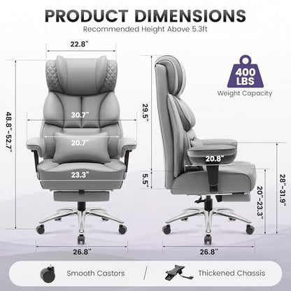 BestGlory Office Desk Chair, Big and Tall Leather Gaming Chair with Footrest, Wide Ergonomic Comfy Executive High-Back Reclining Computer Chairs, Swivel Rolling Wheels and Padded Lumbar Support, Gray - color: Grey, style: 3 Position Reclining
