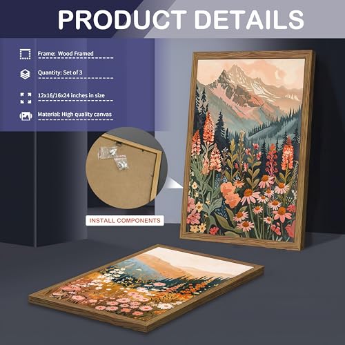 Boho Colorful Landscape Wall Art Set of 3, Vintage Wildflower Mountain Canvas Wall Decor Paintings, Rustic Nature Floral Pictures Prints for Living Room Bedroom 12x16 Inch Wood Framed - color: Colorful Wildflower, size: 16L" x 12W"