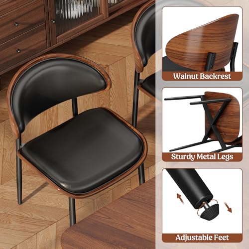 Dining Chairs Set of 2, Mid-Century Modern Upholstered PU Leather Chairs | with Walnut Bentwood Back and Metal Legs Adjustable Feet for Kitchen Dining Room, Black PU - color: Black Pu