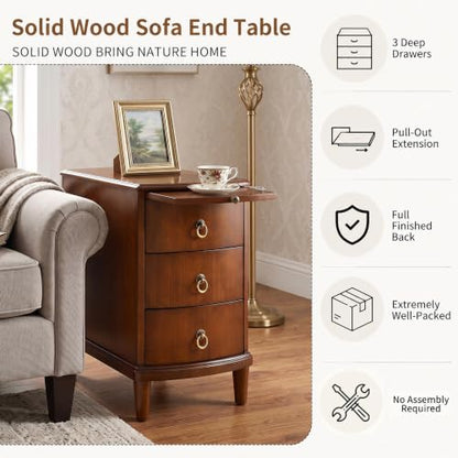 Narrow End Side Table with Slide-Out Tray and 3 Storage Drawers, Wood Sofa Beside Table for Small Space, No-Tools Assembly, Nighstand for Bedroom, Living Room, 13”W x 22”L x 22.6”H,Beeswax BG-A1569-MG