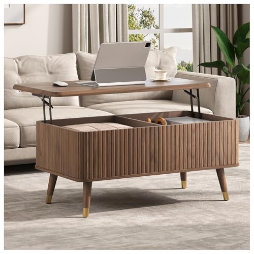 JOINICE Walnut Lift Top Coffee Table with Storage for Living Room,38" | Fluted Rectangle Center Table with Wooden Legs,Large Hidden Storage,Natural Boho Style,Lifts to 23",Holds 88lbs,Easy Assembly - color: Walnut_rectangle