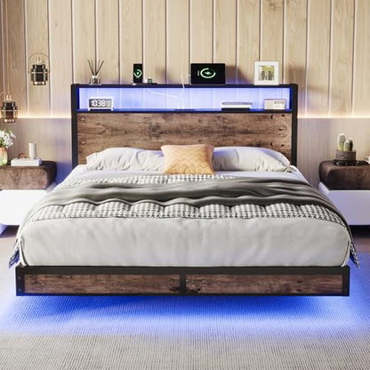 Susalt Full Size Bed Frame with Storage Headboard, Sturdy Metal Platform Bed Frame with LED Lights and Charging Station, Easy Assembly, No Box Spring Needed, Noise Free, Rustic Brown - size: Full