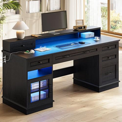 HAUOMS Farmhouse Executive Desk Computer Desk with Drawers，Black | Executive Office Desk with File Drawers, Power Outlet, Led Lights, Storage Cabinet and Monitor Shelf for Home Office - color: Black