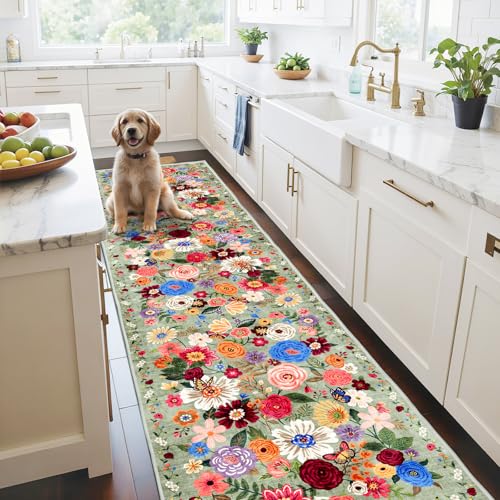 Floral Hallway Runner 2x10 Green Carpet Kitchen Rug | Ultra-Thin Soft for Hallways, Kitchen Mat Stain Resistant for Entryway Bathroom - color: Green, size: 2' x 10' (Rectangular)