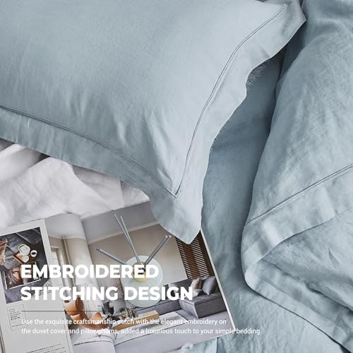 Simple&Opulence 100% Washed Linen Duvet Cover Set with Embroidered,2 Pieces Soft Farmhouse Comforter Set with Button Closure,1 Duvet Cover and 1 Pillowsham(Twin,Dusty Blue) - color: Embroidery Dusty Blue, size: Twin