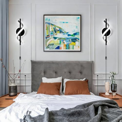 Plug in Wall Sconces Sets of 2, 12W LED Wall Mount Lights, Modern Spiral Wall Lamp, 6000K Cold Modern Light Fixture for Stairs, Living Room, Bedroom, Aisle, Hallway - color: Black-Cool White