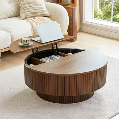 33" Round Coffee Table with Lift-Top & Flip-Top Storage, Modern Accent Fluted Coffee Tables with Metal Frame, Wooden Circle Center Table for Living Room Small Space Apartment Office (Walnut) - color: Walnut 33" Round Lift-top & Flip-top