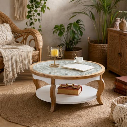 French Country Round Glass Coffee Table, 2-Tier Distressed Circle Storage Center Table with Curved Legs & Removeable Glasstop for Living Room - color: Antique White