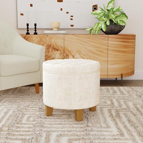 HomePop 19" Button Tufted Round Storage Ottoman - Cream Textured Solid - color: Cream Textured Solid