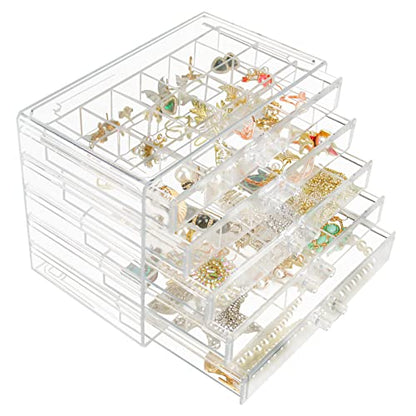 Weiai Clear Acrylic Jewelry Organizer Box 90 Adjustable Grids for Earrings Rings - size: 5 Drawers
