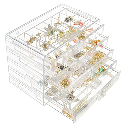 Weiai Clear Acrylic Jewelry Organizer Box 90 Adjustable Grids for Earrings Rings - size: 5 Drawers