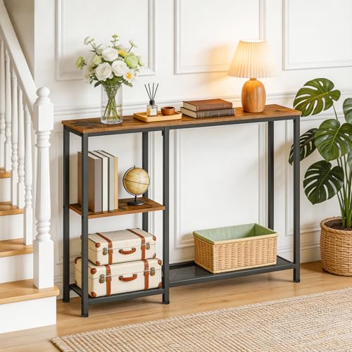 HOOBRO Narrow Console Table, Sofa Table, 44.9" Skinny Entryway Table, Long Behind Couch Table with Storage Shelves, for Living Room, Foyer, Hallway, Rustic Brown and Black BF86XG01 - color: Rustic Brown + Black