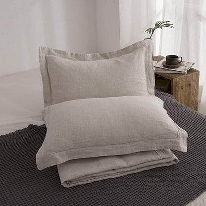 Simple&Opulence 100% Linen Duvet Cover Set with Embroidery Border Washed - 3 Pieces (1 Duvet Cover with 2 Pillow Shams) with Button Closure Soft Breathable Farmhouse - Linen, Queen Size - color: Linen, size: Queen