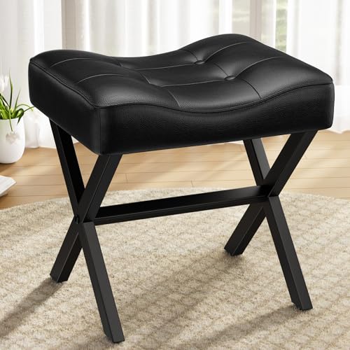 18-Inch Large Leather Vanity Stool Chair, Black Makeup Stool | Vanity Bench, Metal X-Leg, 350 LBS, 20"x16.9"x18", Ottoman Accent Stool, Thick Padded Saddle Seat, For Living Room Bedroom - size: Large, style: Black Leather