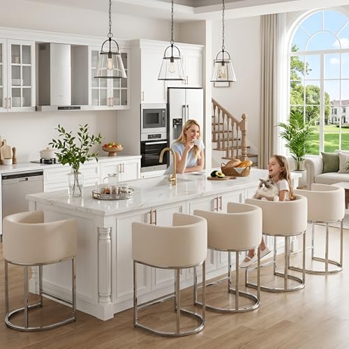 HNY Modern Counter Height Linen Cream Fabric Upholstered Counter Stools Set of 2, 24 Inch Kitchen Island Stool with Chrome Finish Metal Frame - color: 24inch Cream,chrome Base