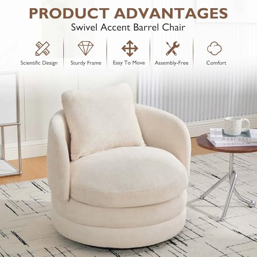 Round Swivel Barrel Chair with Comfy Pillow, Beige Small Accent Chair with Curved Backrest, Modern Upholstered Armchair & Chenille Barrel Accent Chairs for Living Room Bedroom Office (Beige) - color: Beige