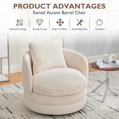 Round Swivel Barrel Chair with Comfy Pillow, Beige Small Accent Chair with Curved Backrest, Modern Upholstered Armchair & Chenille Barrel Accent Chairs for Living Room Bedroom Office (Beige) - color: Beige