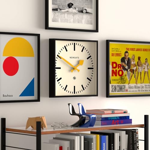 NEWGATE® Number Five wall Clock | Square Retro Inspired Modern Station Clock | 16" | Black with Yellow Hands | Mid-Century Style for Kitchen, Living Room or Office - color: Yellow