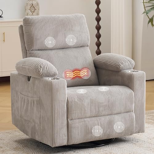 Rocking Chair Nursery with Adjustable Armrests, Electric Glider Recliner Nursing Chair for Breastfeeding, Power Swivel Recliner Chairs with Massage and Heat, Adjustable Headrest, Corduroy Grey - color: Corduroy Grey, size: Power Recliner