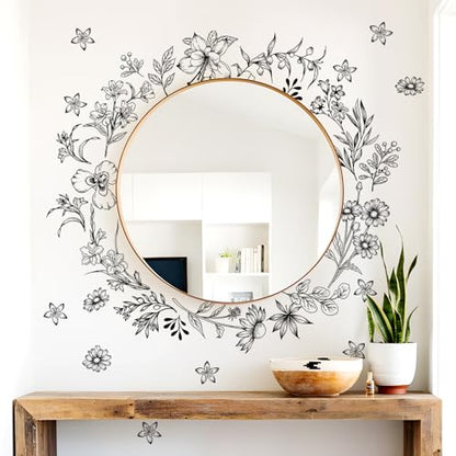 Tanlaby Sketch Black Flower Wall Decals Wildflower Floral Wall Stickers | Retro Peel and Stick Vinyl Art Decor for Bedroom Living Room Office Sofa TV Backdrop