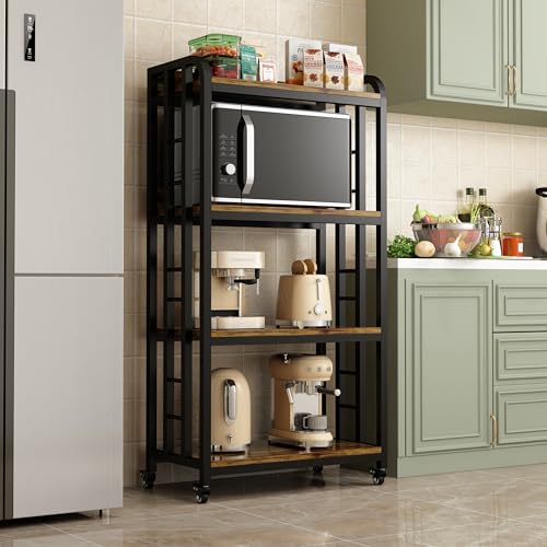 4-Tier Kitchen Baker's Rack with Rolling Wheels, Microwave Oven Cart Stand, Adjustable Utility Shelving Storage Unit, Heavy Duty Organizer Rack for Living Room, Garage, Home and Office(Brown)