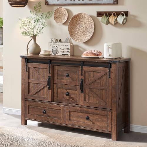 T4TREAM 48" Wide Farmhouse Sideboard Buffet Cabinet, Reclaimed Barnwood | 31.2" Tall Kitchen Cabinet with Storage, 2 Sliding Barn Doors, 4 Drawers, Rustic Wood, Coffee Bar Table, Dining Room - color: Reclaimed Barnwood Color