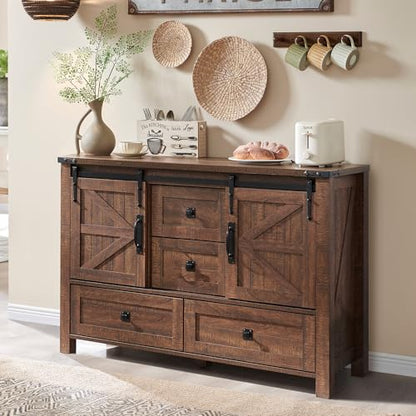 T4TREAM 48" Wide Farmhouse Sideboard Buffet Cabinet, Reclaimed Barnwood | 31.2" Tall Kitchen Cabinet with Storage, 2 Sliding Barn Doors, 4 Drawers, Rustic Wood, Coffee Bar Table, Dining Room - color: Reclaimed Barnwood Color