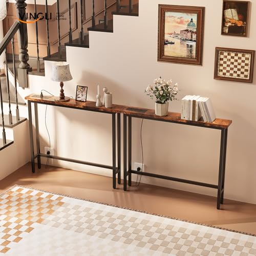 VINGLI 79" Narrow Console Table with Power Outlet 2 Pack, Rustic Brown | Entryway Table with Charging Station & 4.9 Ft Extension Cord & Adjustable Feet, behind Couch Table for Living Room, Hallway - color: Rustic Brown, size: 78.74"