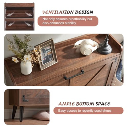 Barnyatoh Shoe Storage Cabinet with 2 Flip Drawers,Hidden Shoe Organizer | Farmhouse Freestanding Narrow Slim Shoes Rack Cabinet with Adjustable Shelves for Entryway Hallway,Walnut - color: Walnut