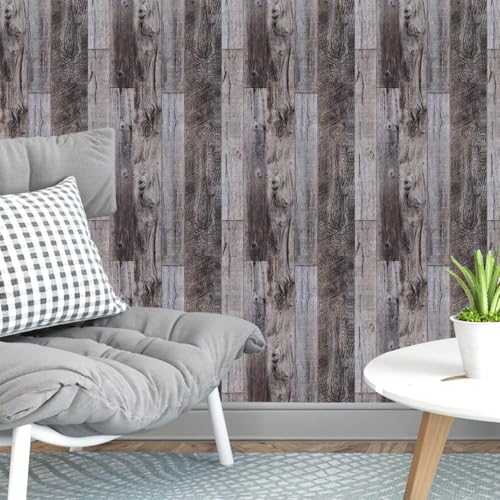 Yun-aeon Gray Wood Peel and Stick Wallpaper 34.6" X 480" Self Adhesive Wallpaper Backsplash Line Removable Wall Paper Bathroom Old Furniture Renovation Furniture - color: Natural Wood-Gray, size: 34.6" x 480"