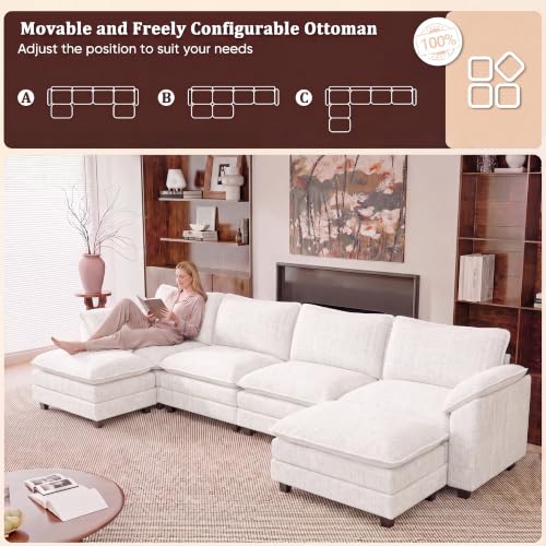 JUMMICO 159" U-Shaped Shaped Sectional Couch, Modular Cloud Sofa, White | 2 Movable Ottoman,4 Deep Seats, Sturdy Frame, Comfy Chenille, Easy Assembly, Sleeper Sofa for Living Room, Apartment - color: White, size: U Shaped Sofa