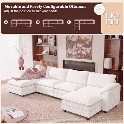 JUMMICO 159" U-Shaped Shaped Sectional Couch, Modular Cloud Sofa, White | 2 Movable Ottoman,4 Deep Seats, Sturdy Frame, Comfy Chenille, Easy Assembly, Sleeper Sofa for Living Room, Apartment - color: White, size: U Shaped Sofa