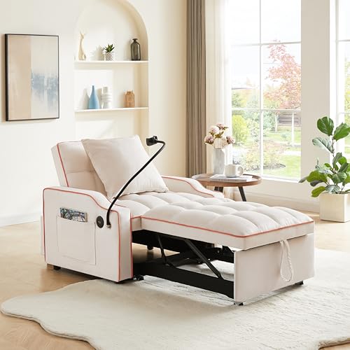 Eafurn Velvet Convertible Sleeper Chair Bed with USB Port & Phone Holder, 3-in-1 Pull Out Sofa Bed Chair, Multi-Functional Chair Bed with Adjustable Backrest & Side Pockets - color: Beige 33.85"