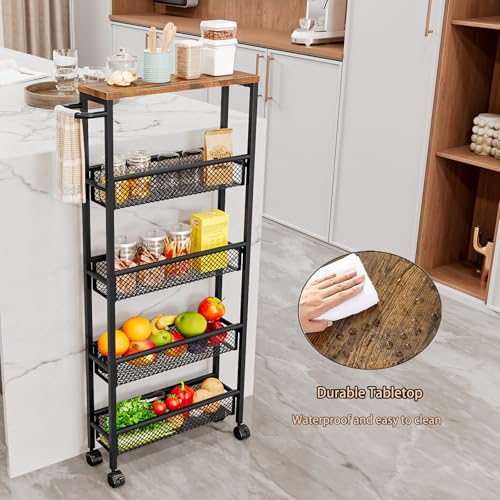 Slim Rolling Cart 5 Tier Narrow Storage Cart on Wheels with Handle | Lockable Wheels, Wood Top Panel, Metal Frame Utility Carts for Kitchen, Dining, Living, Home Office, Laundry Room - size: 16.38 x 5.12 x 39.17 inch