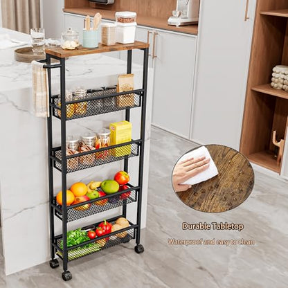 Slim Rolling Cart 5 Tier Narrow Storage Cart on Wheels with Handle | Lockable Wheels, Wood Top Panel, Metal Frame Utility Carts for Kitchen, Dining, Living, Home Office, Laundry Room - size: 16.38 x 5.12 x 39.17 inch