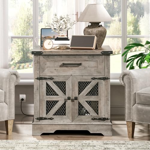 Farmhouse End Table with Charging Station, 24" Large Sofa Side Table with Drawer, Large End Table for Living Room, Wooden Nightstand with Outlet, Square, Greige - color: Greige