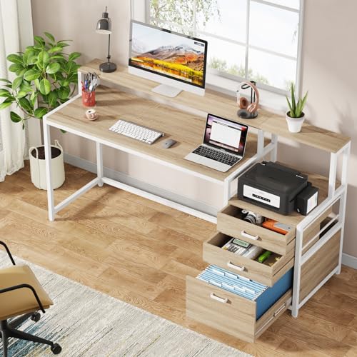 Tribesigns 63 Inch Computer Desk with File Drawer Cabinet, Home Office Desk | Ergonomic Office Desk with Monitor Stand, Industrial Computer Table with Printer Space, PC Table Workstation Desk - color: Walnut