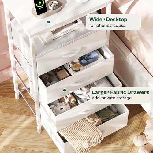Huuger Night Stand with Charger Station and LED Lights, 4 Drawer Nightstand | Bed Side Table with Open ShelfEnd TableFabric Dresser for Bedroom, PU Leather, White - color: White, size: 11.8"D x 15.7"W x 33.9"H（4 Drawers）