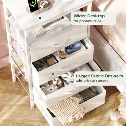 Huuger Night Stand with Charger Station and LED Lights, 4 Drawer Nightstand | Bed Side Table with Open ShelfEnd TableFabric Dresser for Bedroom, PU Leather, White - color: White, size: 11.8"D x 15.7"W x 33.9"H（4 Drawers）