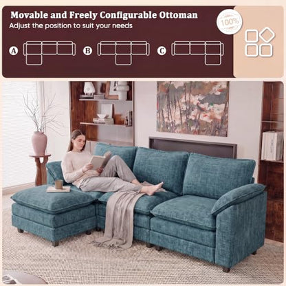 JUMMICO 118.9" L Shaped Sectional Couch, Modular Cloud Sofa, Dark Blue | Comfy Chenille, Movable Ottoman, Deep Seat, Double Layer Cushion, 3 Seat, High-Density Foam, for Living Room - color: Dark Blue, size: L Shaped Sofa